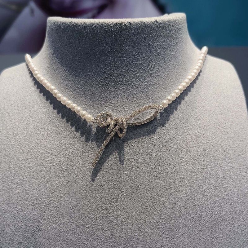 Collana con perle intarsiate Hejia Ribbon Rose per donna, stile coreano giapponese, elegante e lussuosa, interamente in argento sterling con diamanti._voghion.com
