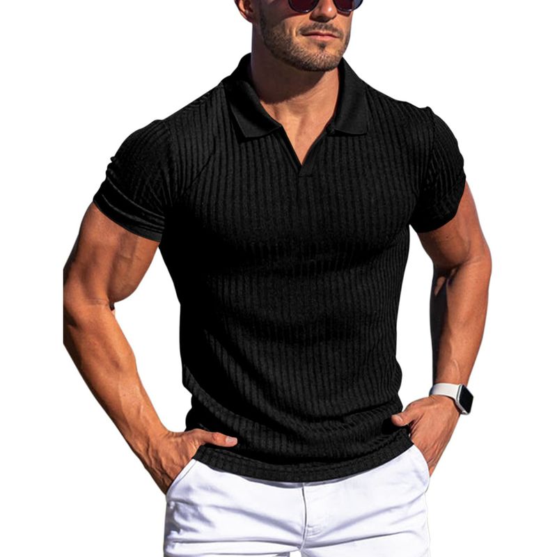 Herren Poloshirt Revers V-Ausschnitt Vertikale Streifen Kurzarm Herren T-Shirt_voghion.com