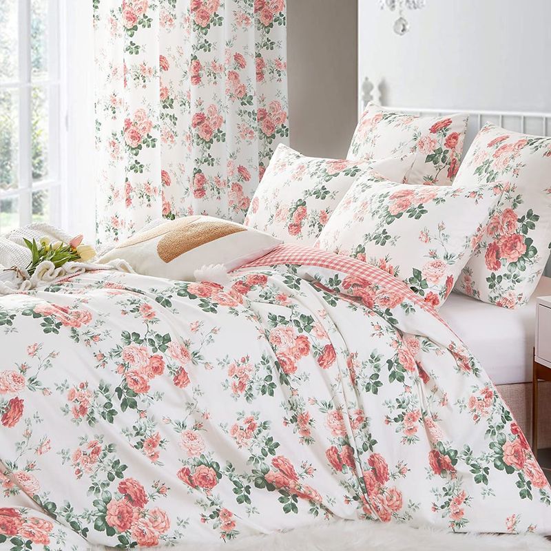 Parure de lit 3 pièces en polyester brossé à imprimé floral, ultra douce, Queen et King size, avec 2 taies d'oreiller, infroissable et respirante._voghion.com