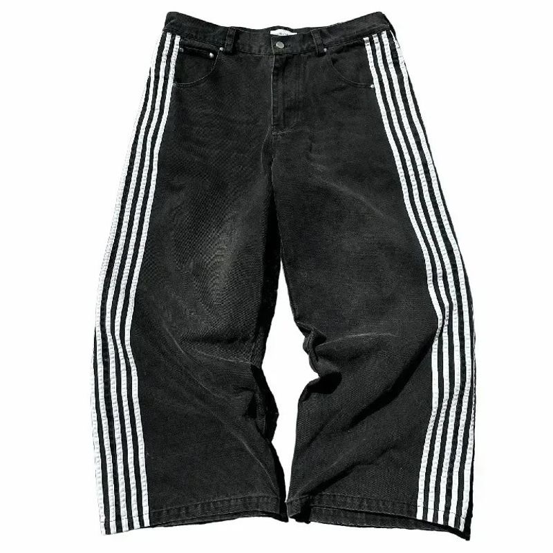 Abbigliamento maschile retrò a righe con cuciture ricamate Jeans da strada casual larghi dritti gamba larga pantaloni lunghi_voghion.com