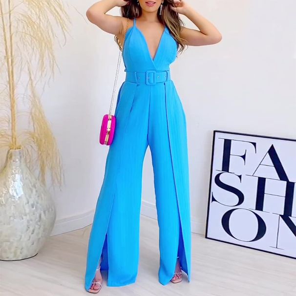 2025 Spring New Product Strap V-neck High Waist Split Bottom Wide Leg Pants Women's Jumpsuit_voghion.com