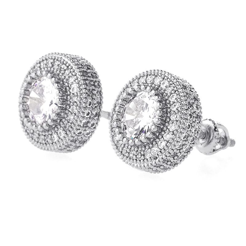 Orecchini a bottone Hip Hop con zirconi cubici rotondi da donna, per uomo e donna, placcati in argento 925, alla moda ed eleganti._voghion.com