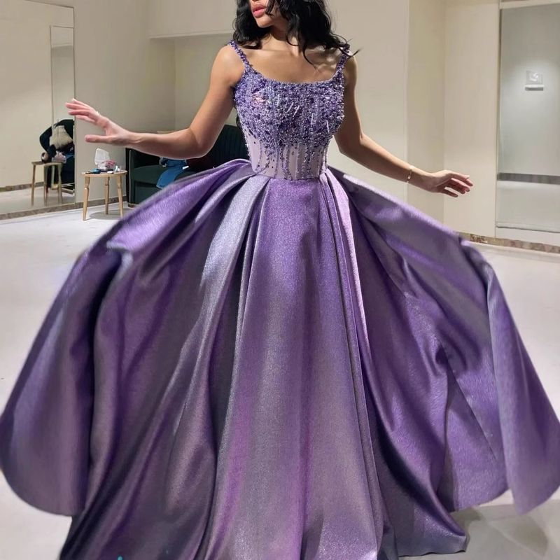Dammekleeder Violett Perlen, glänzend Oweskleed mat Riemen, wonnerschéint Schaukel-, Schlank- an Elegant Kleed_voghion.com