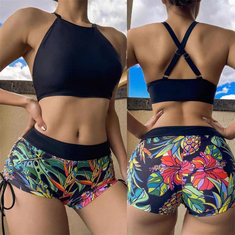 New Digital Print Cross Strap High Waist Boxer Bikini Two-Piece Swimsuit_voghion.com