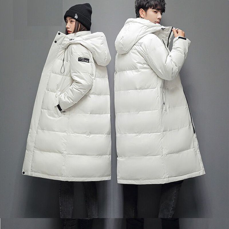 Abbigliamento maschile tinta unita giacca di media lunghezza piumino coppia ispessita alla moda caldo anti-freddo con cappuccio giovane cappotto invernale tendenza_voghion.com