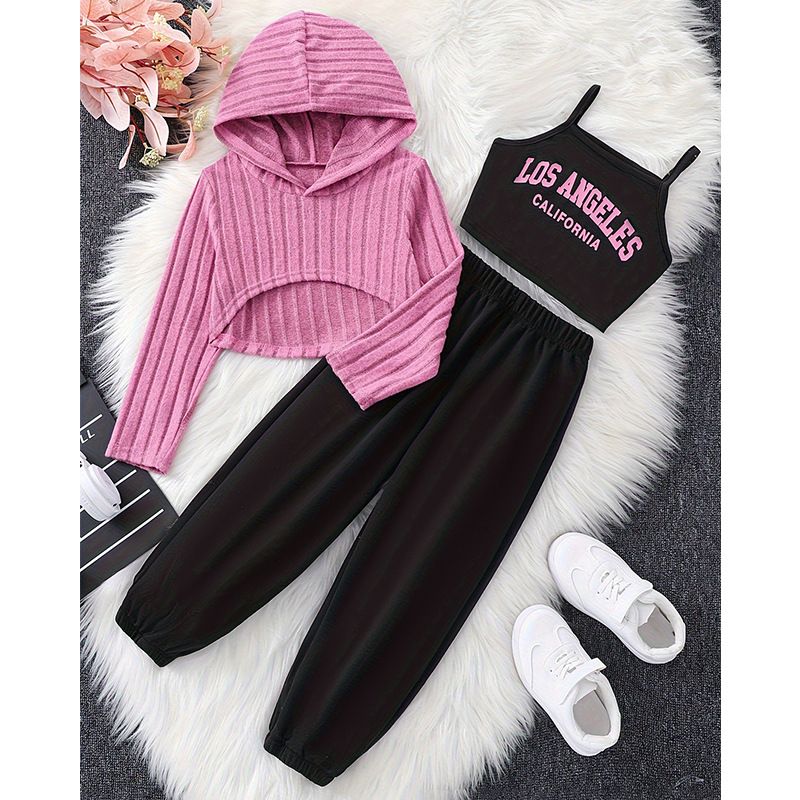 Mutter & Kinder Außenhandel Mädchen Casual Kapuzenpullover Rosa Strickpullover Hosenträger Top Kordelzug Sporthose Kinder Herbst Dreiteiliger Anzug_voghion.com