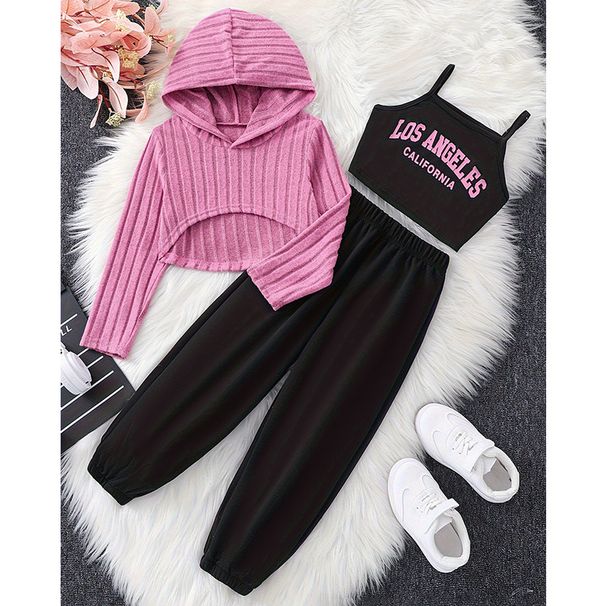 Mutter & Kinder Außenhandel Mädchen Casual Kapuzenpullover Rosa Strickpullover Hosenträger Top Kordelzug Sporthose Kinder Herbst Dreiteiliger Anzug_voghion.com