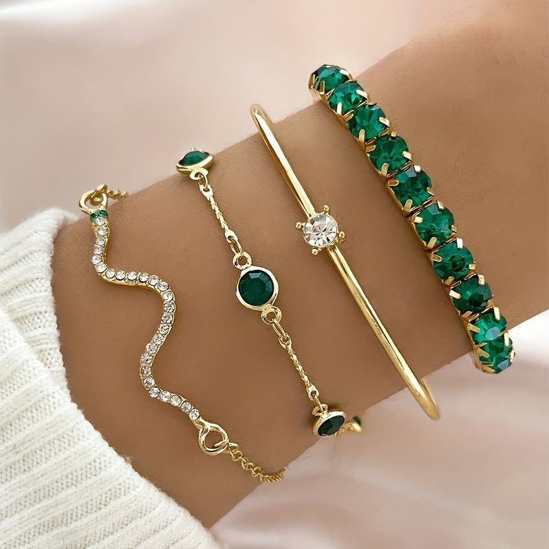 Fashion Green Jade Elastic Set For Women 4 Pieces High-end Sense Snake Bracelet Metal Jewelry_voghion.com