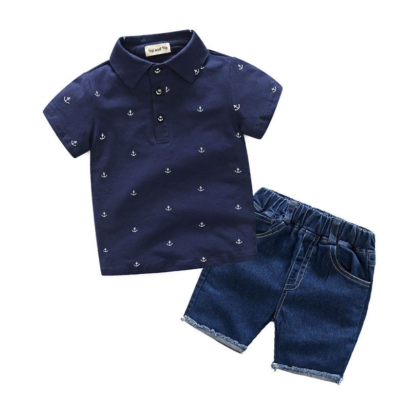Traje para niños, novedad de verano, estilo, camisa polo bicolor de manga corta para niños, pantalones cortos de mezclilla, traje informal_voghion.com