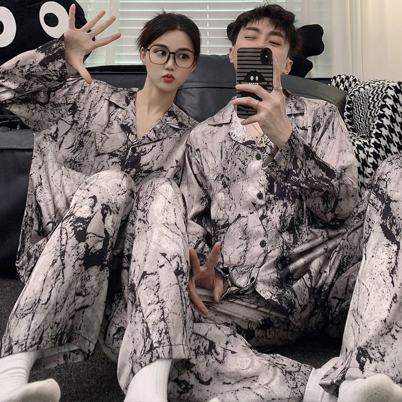 Couple pajamas, women's spring and autumn styles, ice silk long sleeved ink printed cardigan, lapel, men's thin home_voghion.com
