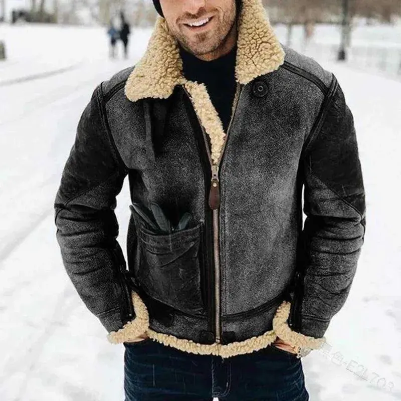 Mannen Herfst Winter 2023 Grote Wollen Kraag Pu Faux Bontjas Mode Toevallige Lederen Streetwear Hoodies Jassen T231204_voghion.com