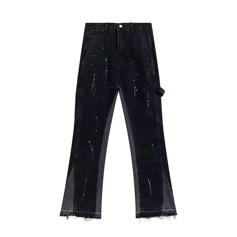 Herrenbekleidung Trendy High Street Ink Splashed Splicing Vibe Style Schlagjeans für Männer und Frauen Ins Lockere, bodenlange, gerade Hose_voghion.com