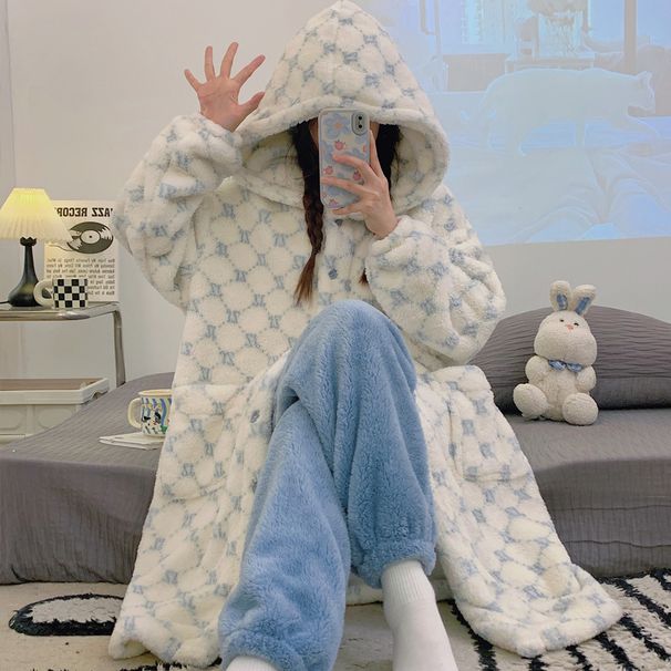 Pigiama da donna in pile corallo, lungo, in flanella spessa e felpata, set da notte_voghion.com