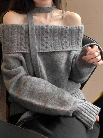 Maglione a spalle scoperte per donna coreano grigio autunno inverno alla moda versatile vestibilità ampia stile pigro bellissimo lavorato a maglia_voghion.com