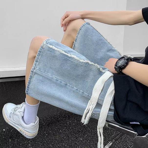 Jeansshorts für Herren im Sommer, amerikanische High Street-Nähte, Designsinn, Flutmarken-Overalls, kniehohe Hosen für Teenager._voghion.com