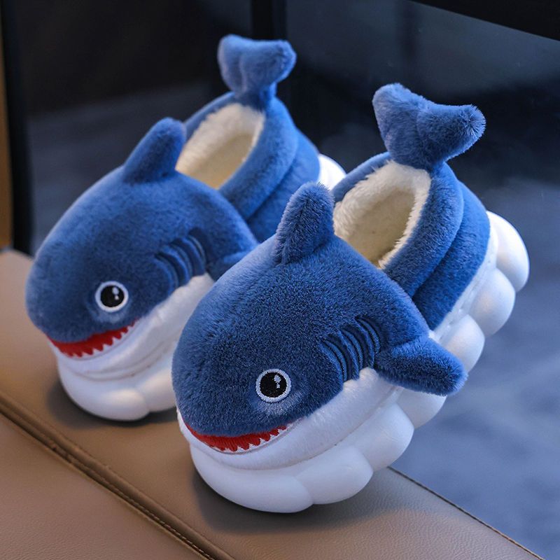 Shark cotton slippers children autumn and winter warm plush home indoor non-slip boy baby child cotton drag girl slippers_voghion.com