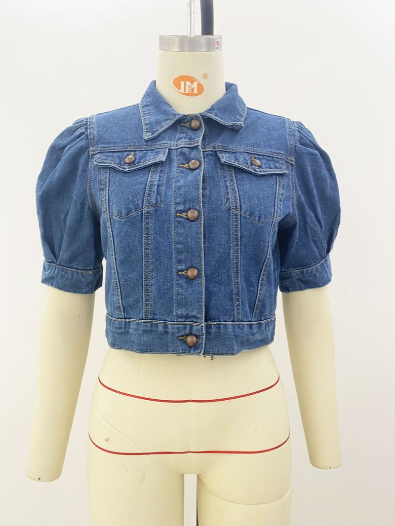 K New Denim Jacket With Short Sleeves And Puffy Sleeves For Women_voghion.com