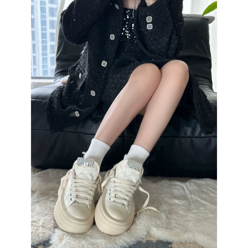 Foreshaddw Zhao Lusi Coarse Flower Canvas Female Smiling Face Cloud Casual Sh, Height Increasing Thick Soled Board_voghion.com