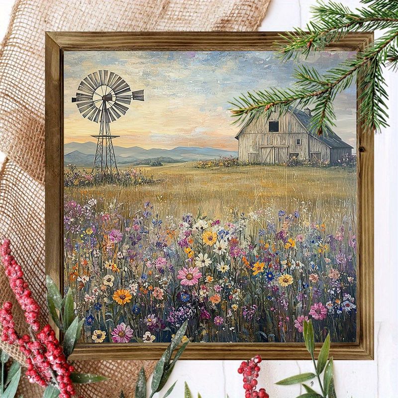 Dřevěná cedule "20x20 cm" s rustikální stodolou a větrným mlýnem - okouzlující nástěnná dekorace s motivem farmářského domu a divokými květinami. Ideální do obývacího pokoje, kanceláře nebo garáže. Skvělý dárek!_voghion.com