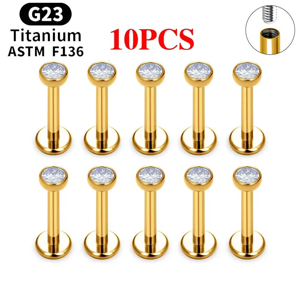 10/50PCS G23 Ttianium Piercing Labret Lip Ring CZ 16G Internal Thread Stud Earring Ear Tragus Cartilage Helix Daith_voghion.com
