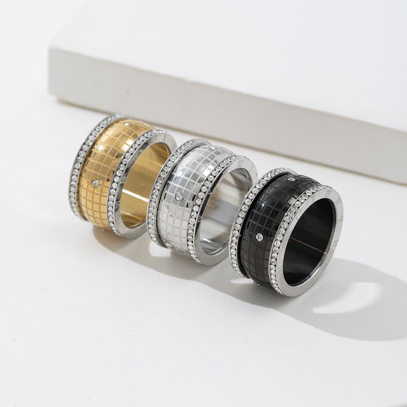 Minimalistische brede dubbele rij ingelegde diamanten titanium Romeinse cijfers kleurblok unisex roestvrijstalen ring_voghion.com