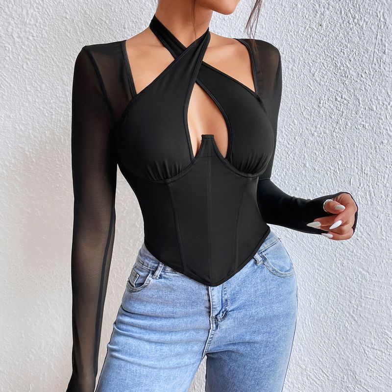 Tricou de damă cu mânecă lungă, transparent, decoltat, cu model încrucișat, model cu inel de oțel și jachetă în talie cu model os de pește_voghion.com