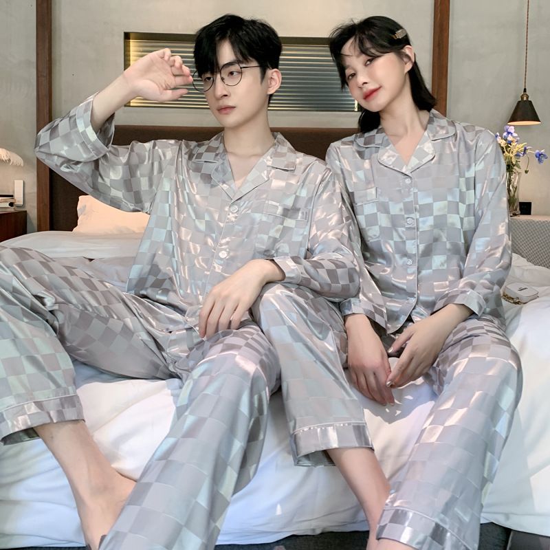Ice Silk Couple Pajamas | Spring, Summer, Autumn Silk Long Sleeved Pants Set, Sweet Home Time--Checkered Silver Gray Style_voghion.com