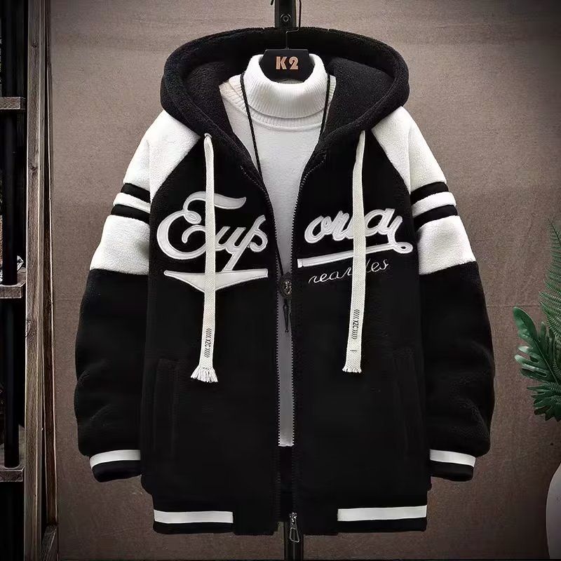 Abbigliamento: Giacca in pile di agnello per ragazzi, autunno, studenti, con cappuccio spesso, in cotone, 2024_voghion.com