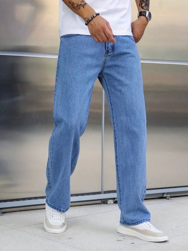 Mens Light Blue Straight Leg Jeans 1 PC Regular Fit Comfortable Casual Pants For Urban And Outdoor Wear Spring_voghion.com