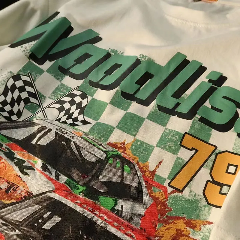 Kid's Clothing retro fashion brand new racing print loose trendy male and female student T-shirt couple wear pure cotton short sleeve_voghion.com