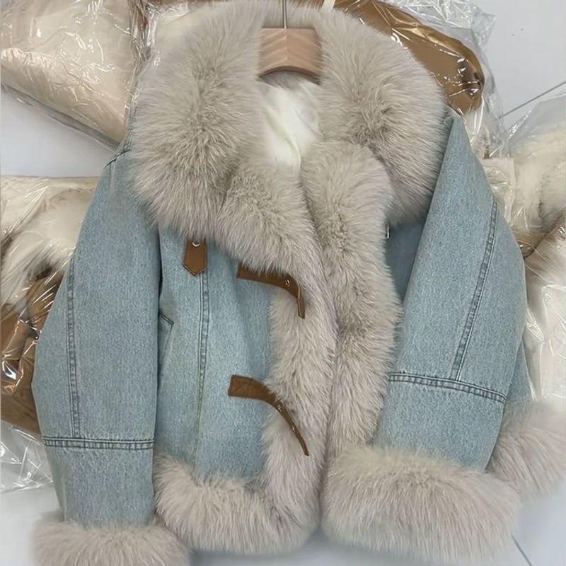 Damkläder design sömmar blå jeansjacka moderiktig quiltad tjock varm päls plyschrock_voghion.com