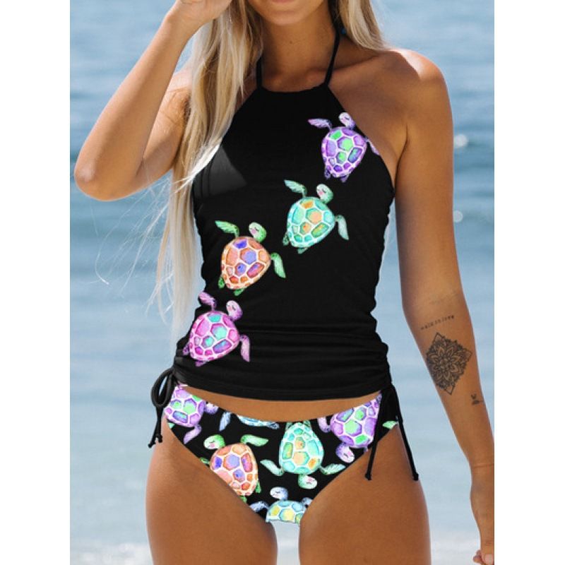 Women's Sexy Bikini Set - Tropical Palm Print With Adjustable Ties High Waisted Bottom For Tummy Control Plus Size Swimwear For Beach & Pool​_voghion.com