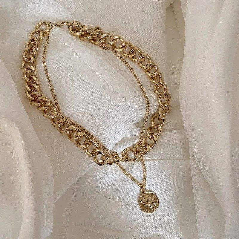 Collana spessa esagerata alla moda a doppio strato con personalità hip hop, girocollo, catena corta per clavicola_voghion.com