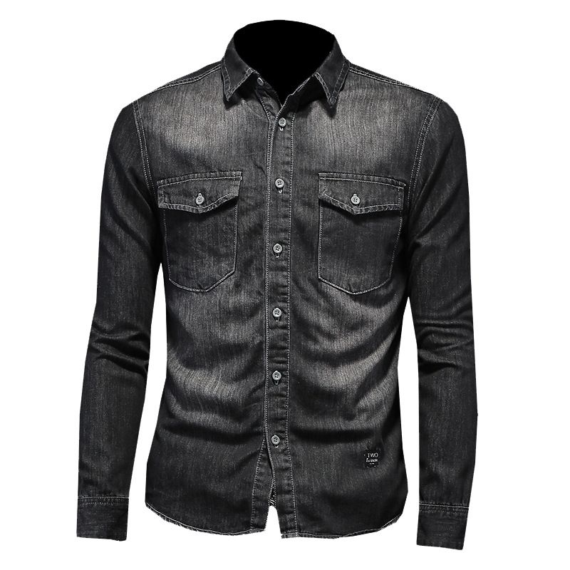 Herrenbekleidung Schwarzes und graues besticktes Jeanshemd für Männer_voghion.com