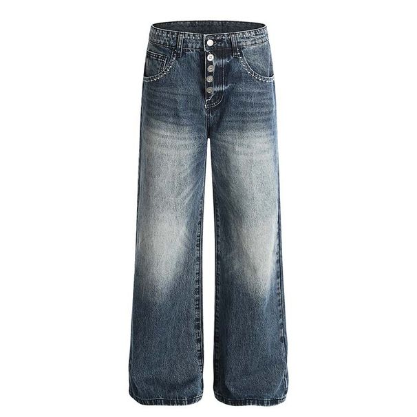 Pantalones vaqueros desgastados para hombre – Pantalones rectos de estilo urbano con efecto de pintura en aerosol (S-XXL, Azul)_voghion.com