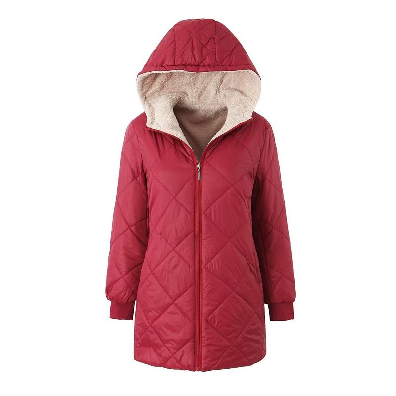 Cappotto imbottito in cotone di media lunghezza con cappuccio geometrico a quadri in lana d'agnello lucido impermeabile 2023 per donna_voghion.com