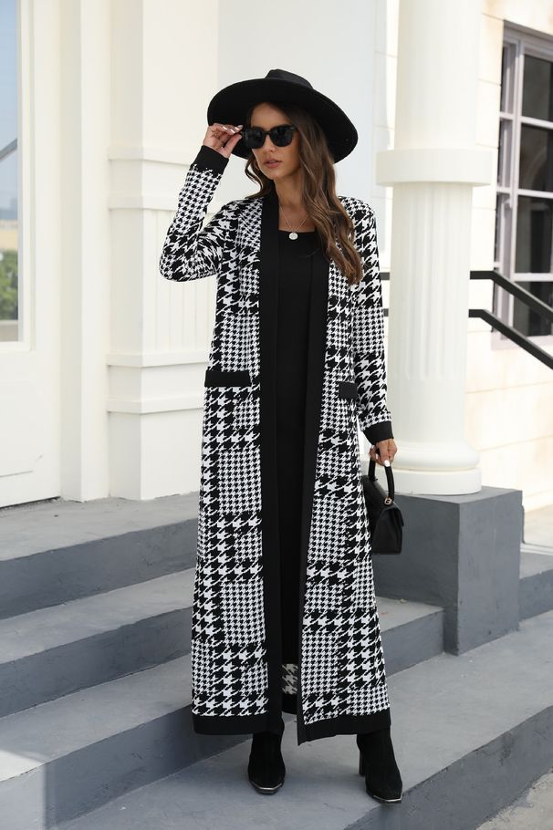 Women's houndstooth long-sleeved knitted cardigan jacket two-piece set_voghion.com