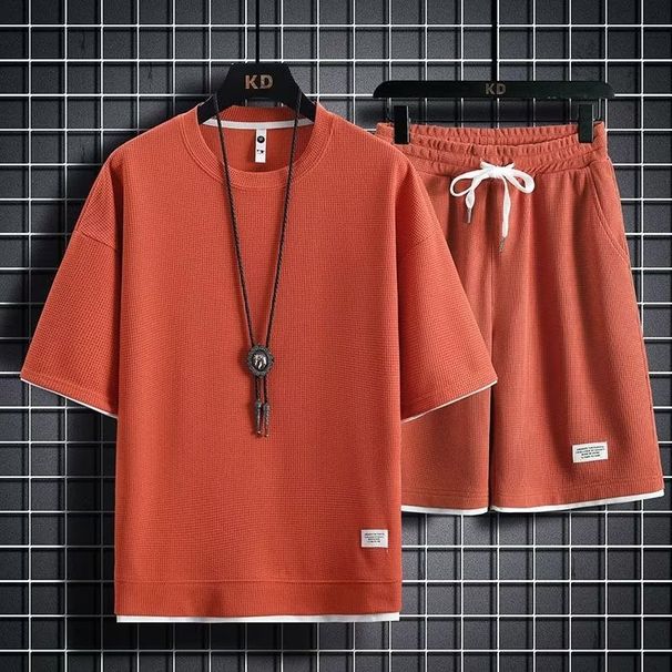 Männerkleeder Casual Sportskostüm Summer Äis Trend locker Waffel Kuerzärm Shorts e Set Kleeder schéin Match_voghion.com