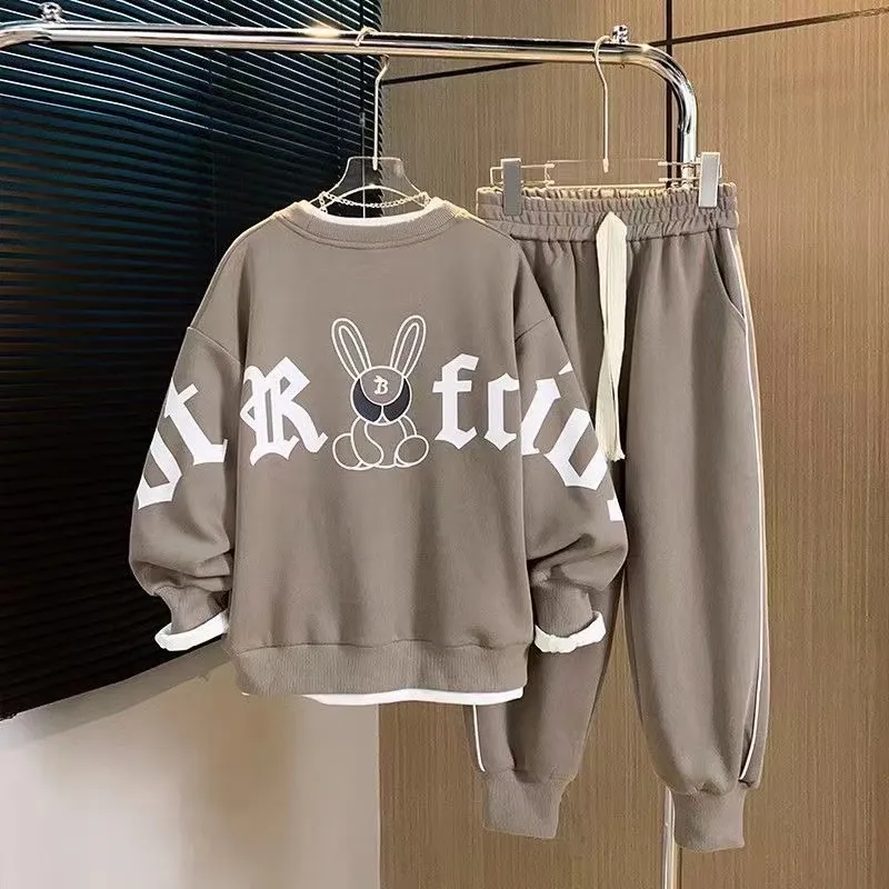 Ensemble deux pièces sweat-shirt à manches longues et pantalon de survêtement pour garçons et adolescents, nouvelle collection 2024, haut imprimé lettre pour enfants, pantalon sarouel tendance_voghion.com