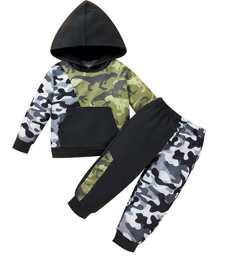 Roupas infantis ins novas roupas infantis exército verde camuflagem carta impressão moletom com capuz calças menino terno de duas peças_voghion.com