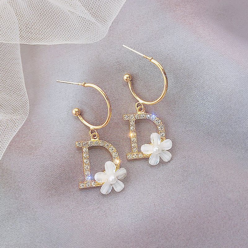  orecchini in argento con lettera D con diamanti e orecchini netti con fiori rossi tutto-fiammifero orecchini sottili con temperamento di nuova moda_voghion.com