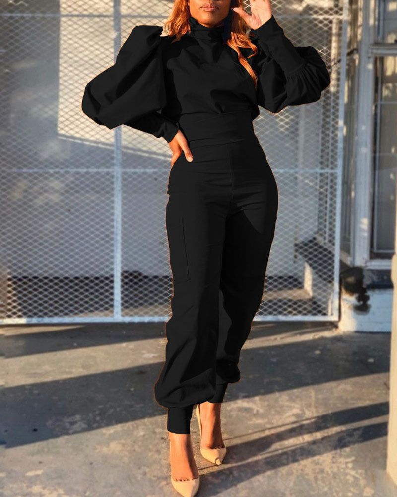 Women's clothing Fashion Personalized Design Solid Color Puff Sleeve Pullover High Waist Pants Two-piece Set_voghion.com