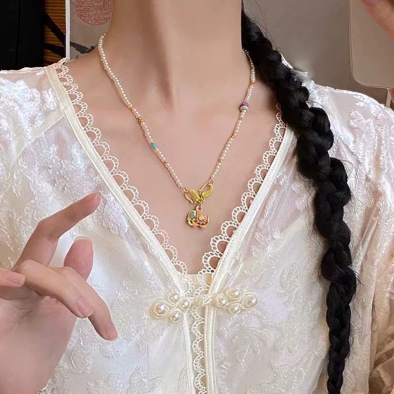 Shajin Elephant Lucky Pearl Necklace Women's Fashion Light Luxury Autumn/Winter Sweater Chain High Grade Beaded Jewelry_voghion.com