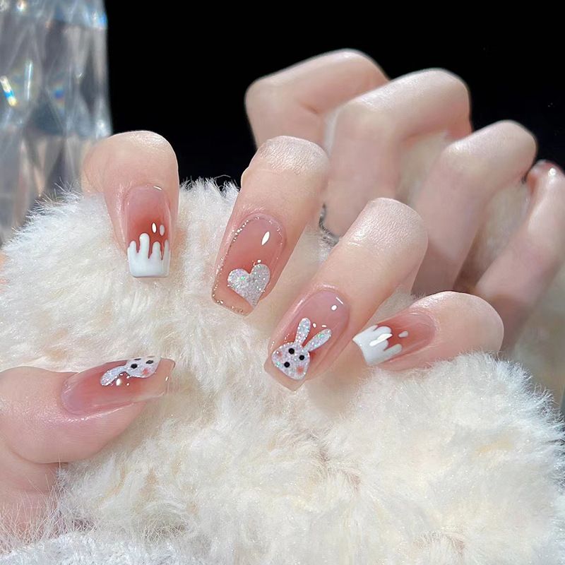 Wearable Fake 24 Stuks Nail Tips met Witte Strik Ontwerpen Lange Ballet Kunstnagels Verwijderbare Doodskist Volledige Cover Druk s_voghion.com