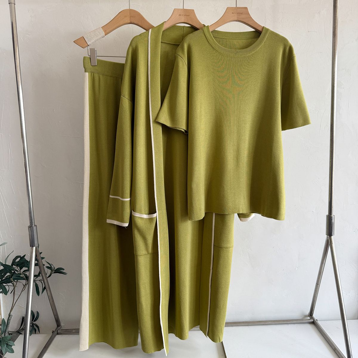 Elegantes Color-Block-Strick-Hosenanzug-Set für Damen – Bequeme und stylische Langarm-Tunika mit passender Hose – Vielseitige Büro- und Freizeitkleidung_voghion.com