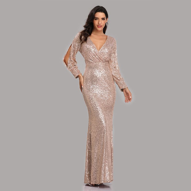 Abbigliamento da donna Abito primaverile e autunnale Multicolore Grande taglia Manica lunga Scollo a V Paillettes Fishtail Abito da sera Donna Spot_voghion.com