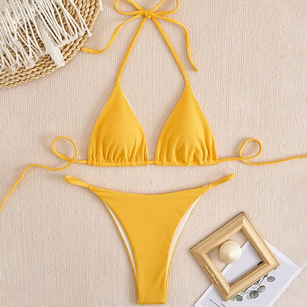 Europeisk och amerikansk ny enfärgad rem Trepunkts vertikal Pit Bikini Split Baddräkt Cross Border BIKINI Spot Partihandel_voghion.com