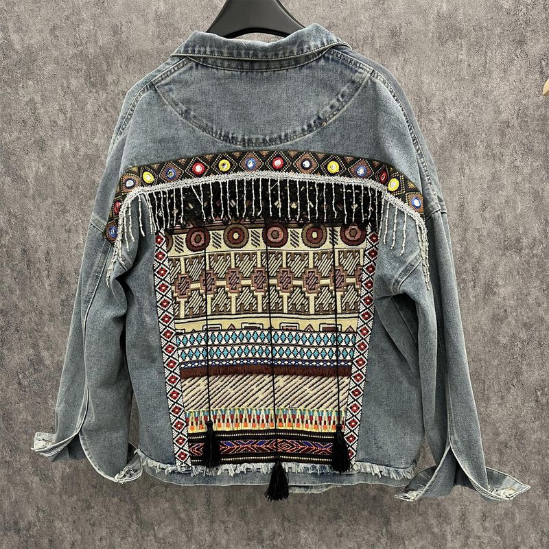 Abbigliamento da donna, nuovo stile etnico retrò, ricamo pesante, nappa, giacca di jeans alla moda per le donne_voghion.com