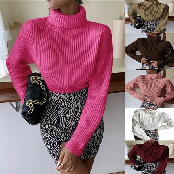 Women's Clothing autumn and winter red sweater Korean version solid color temperament commuting high collar pullover female loose long sleeved sweater_voghion.com