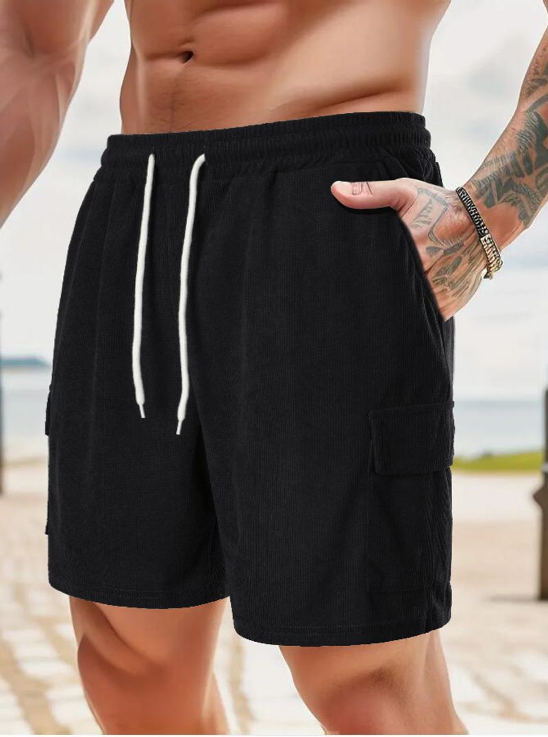 Vêtements pour hommes Nouvel été couleur unie à lacets pantalons de sport velours côtelé simple short à cinq points short multi-poches pour hommes pantalons décontractés_voghion.com